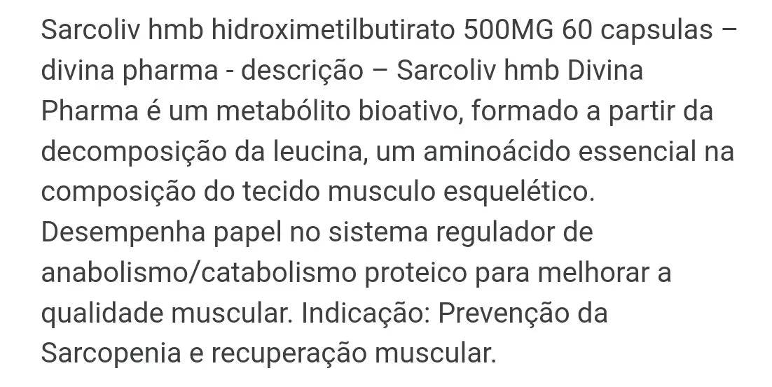 Suplemento Hmb 500mg Divina Pharma Sarcoliv 60 Cápsulas