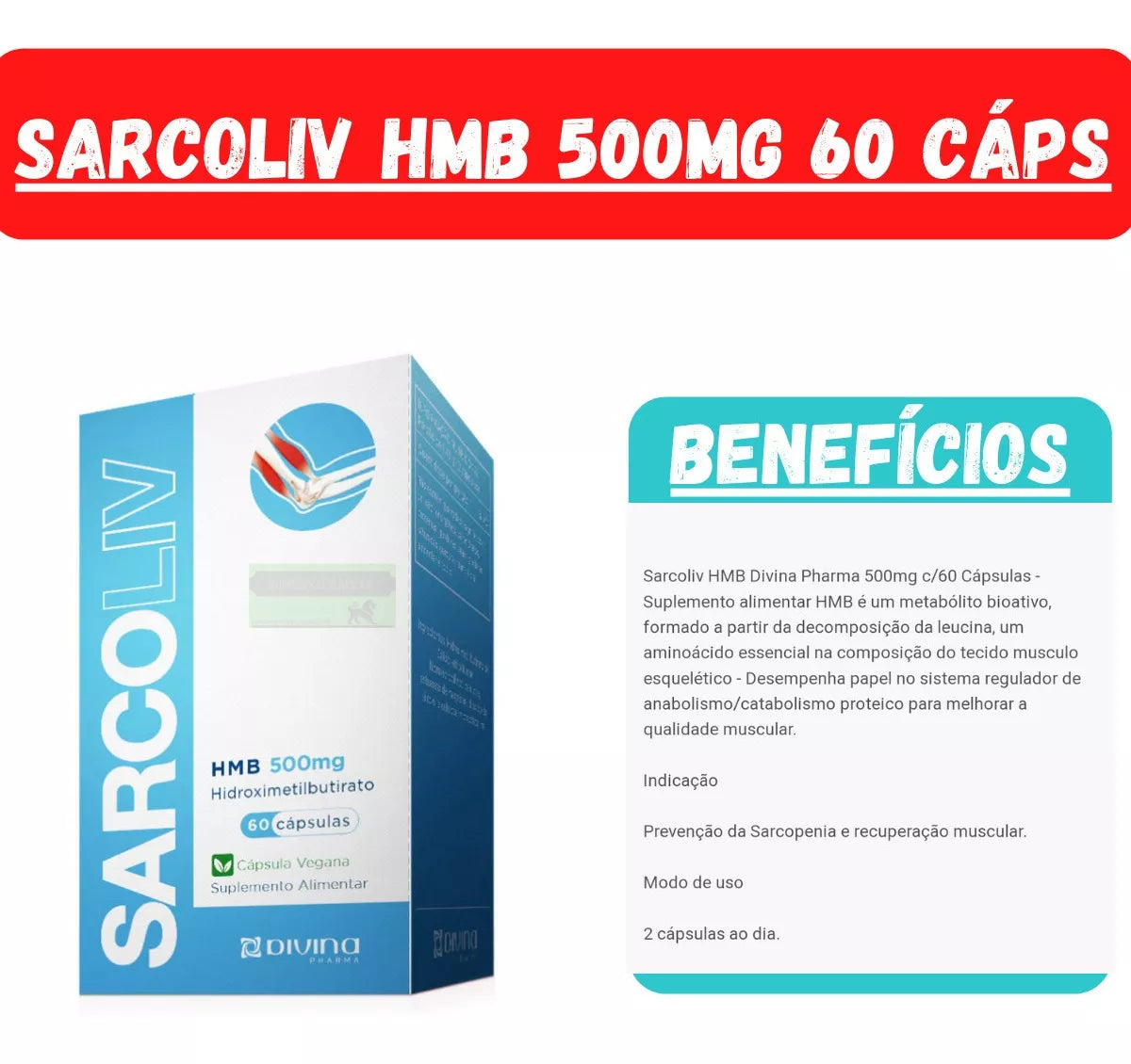 Suplemento Hmb 500mg Divina Pharma Sarcoliv 60 Cápsulas